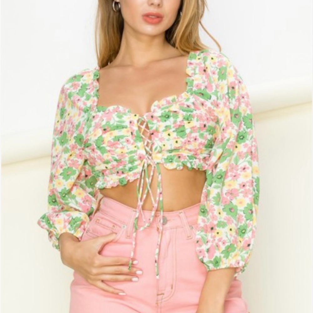 Floral Lace-Up Crop Top in Green & Pink